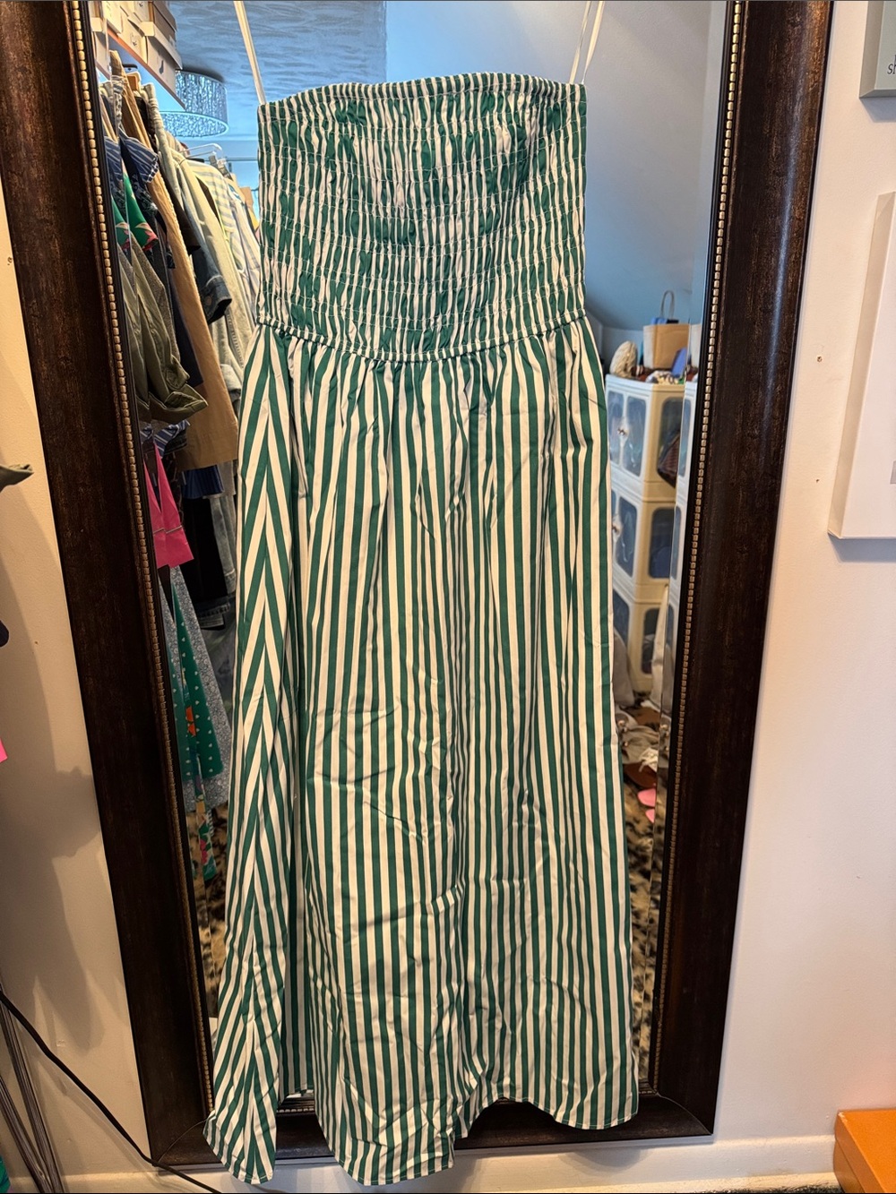 Vici Green and White Striped Strapless Maxi Dress